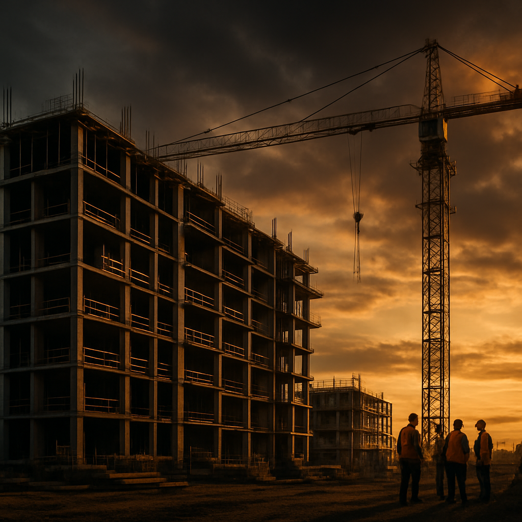 Moderne Baustelle der RSK Hochbau GmbH bei Sonnenuntergang